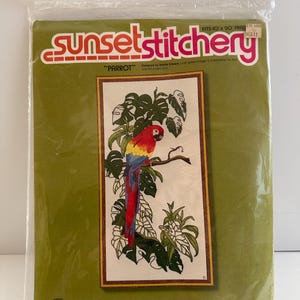 Vintage 1978 &quot;Parrot&quot; Sunset Stitchery Kit - NOS in Sealed Pkg - Design by Bonita Klivans - 10x20&quot; - Sunset Designs #2409