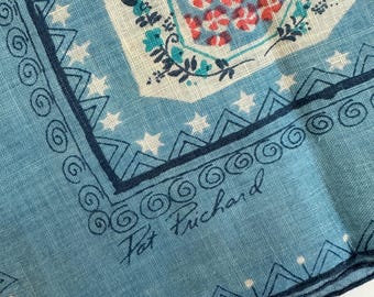 Vintage Signed Pat Prichard Signed 50's 60's Blue Hanky Hankie Handkerchief Designer - Shopping Theme - Shoes Gloves Candy - Collectible