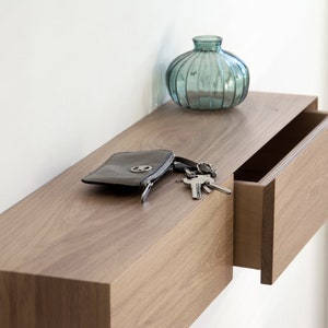 Floating entryway shelf / narrow entryway table with hidden drawers, white oak color | japandi & minimalist