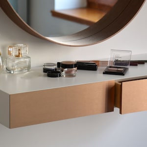 Minimalist white floating dressing table / vanity shelf with COPPER drawers