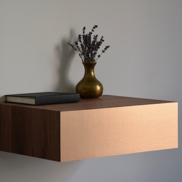 Minimalist walnut floating nightstand with COPPER drawer | various sizes | single or double