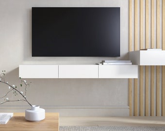 Floating TV stand with drawers / media console - white