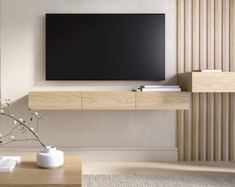 Floating TV stand with drawers / media console - white oak