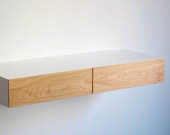 Minimalist white floating dressing table / vanity shelf with oak drawers