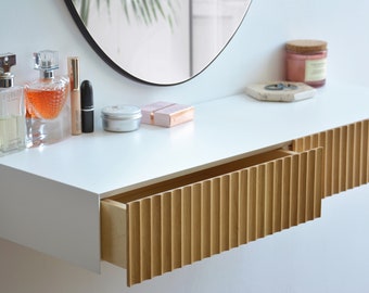 Minimalist fluted dressing table / fluted console table with oak drawers