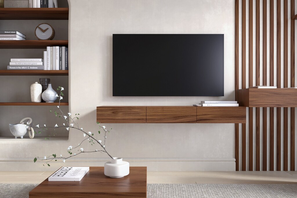 Mobile TV Sospeso A Parete Con 2 Cassetti E 1 Anta - Supporto Galleggiante In Compensato, Lunghezza 150 Cm, Con Fori Per Cavi E Ampio Spazio
