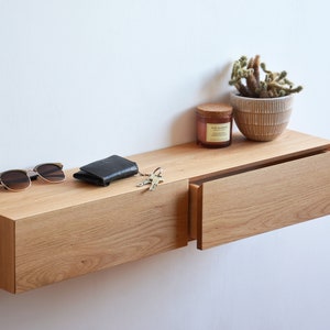 Floating entryway shelf with hidden drawers / narrow entryway table made of solid oak image 8