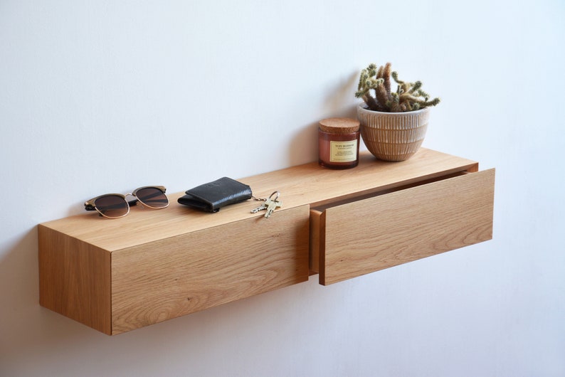Floating entryway shelf with hidden drawers / narrow entryway table made of solid oak image 8