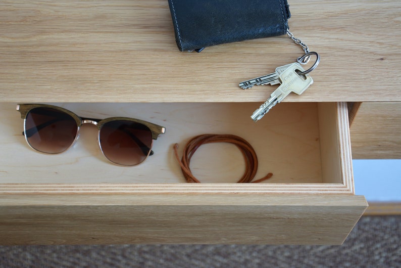 Floating entryway shelf with hidden drawers / narrow entryway table made of solid oak image 6