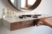 Minimalist white floating dressing table / vanity shelf with walnut drawers