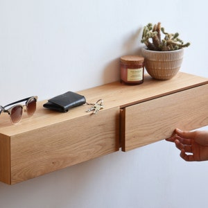 Floating entryway shelf with hidden drawers / narrow entryway table made of solid oak image 1