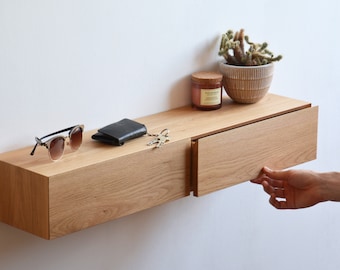 Floating entryway shelf with hidden drawers / narrow entryway table made of solid oak