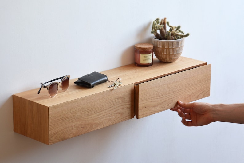 Floating entryway shelf with hidden drawers / narrow entryway table made of solid oak image 1