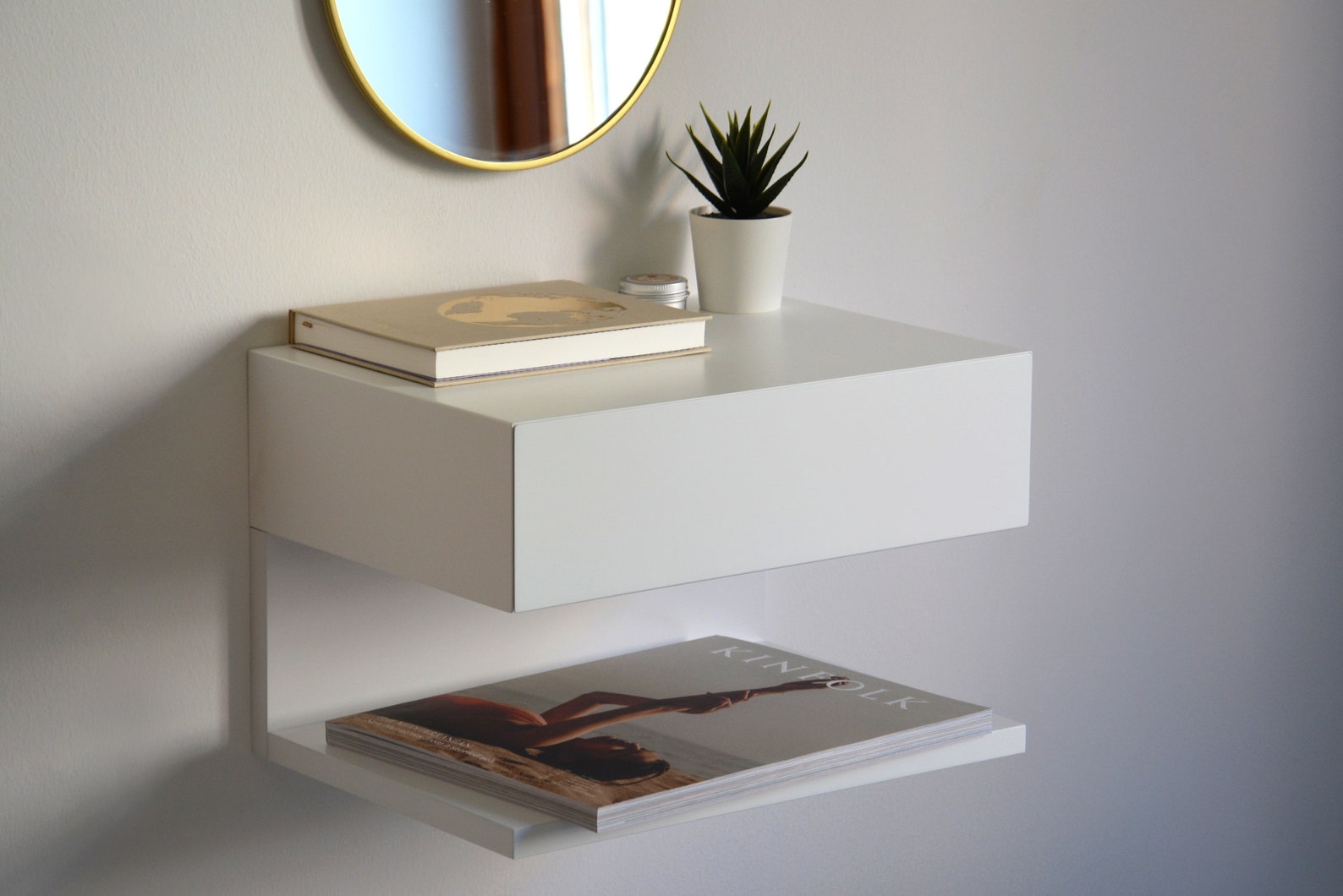 White Floating Nightstand With Drawer and an Extra Shelf Etsy
