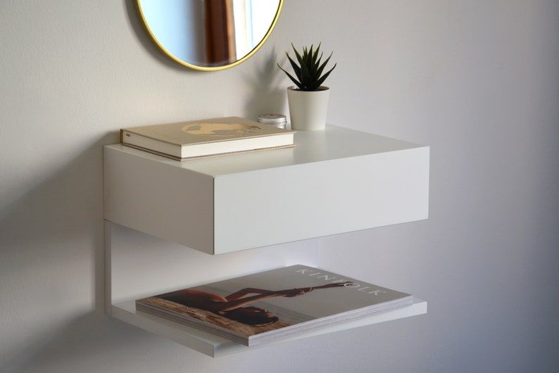 White floating nightstand with drawer and an extra shelf image 7