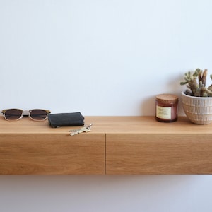 Floating entryway shelf with hidden drawers / narrow entryway table made of solid oak image 7