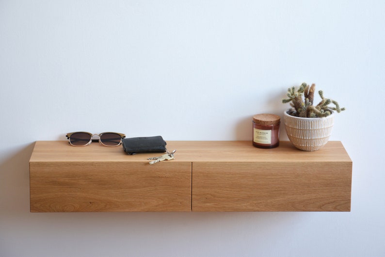 Floating entryway shelf with hidden drawers / narrow entryway table made of solid oak image 7