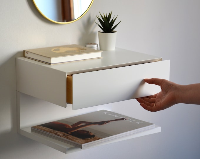 White Floating Nightstand With Drawer and an Extra Shelf Etsy