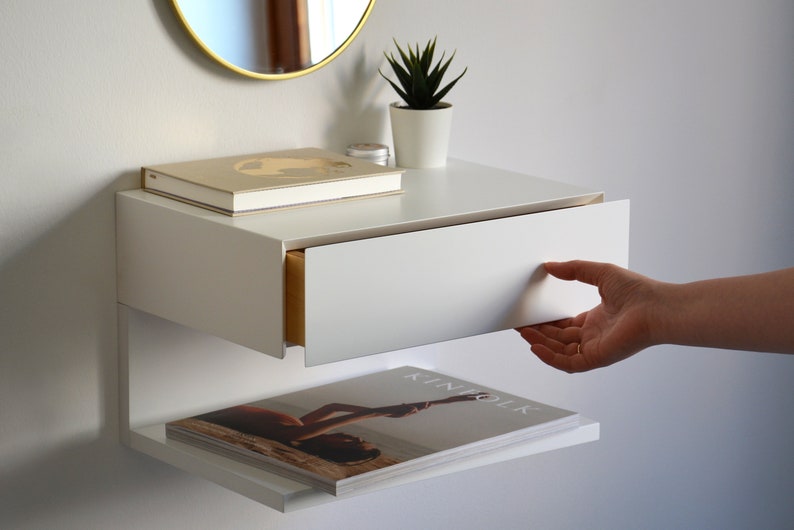 White Floating Nightstand With Drawer and an Extra Shelf Etsy