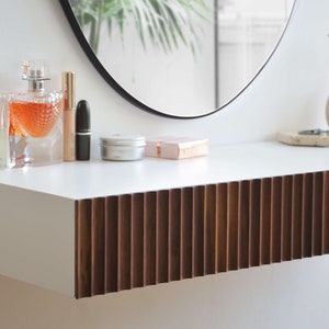 Minimalist fluted dressing table / fluted console table with walnut drawers