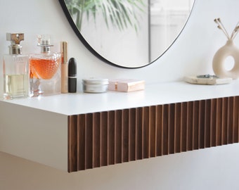 Minimalist fluted dressing table / fluted console table with walnut drawers