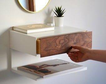 Floating nightstand with WALNUT drawer and extra shelf