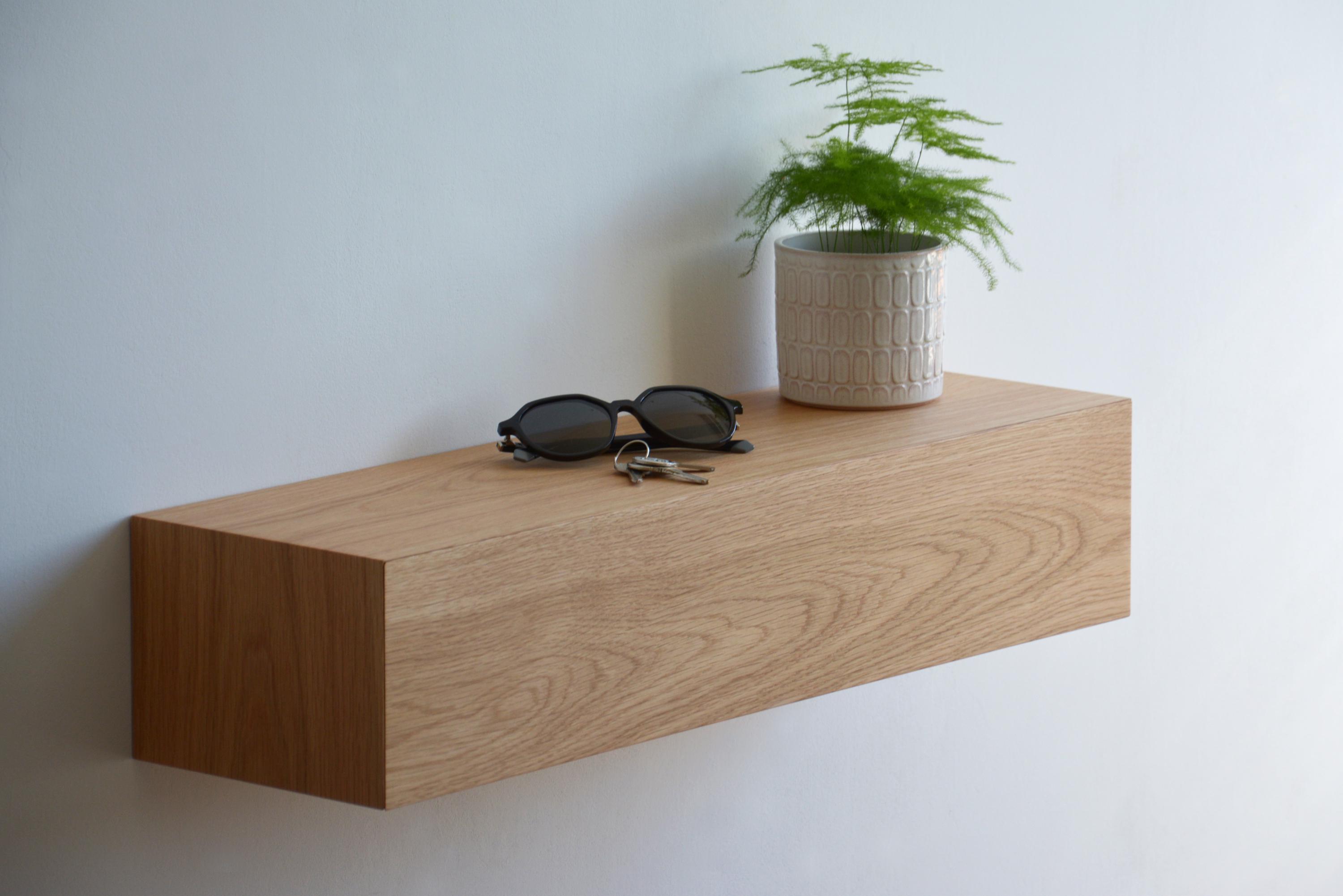 Floating Entryway Storage With a Hidden Drawer, Made of Solid Oak