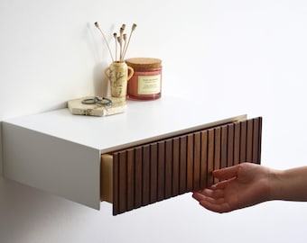 Minimalist fluted nightstand with walnut drawer