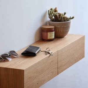 Floating entryway shelf with hidden drawers / narrow entryway table made of solid oak image 2