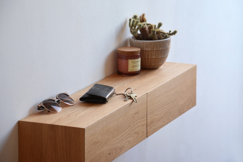 Floating entryway shelf with hidden drawers / narrow entryway table made of solid oak image 2