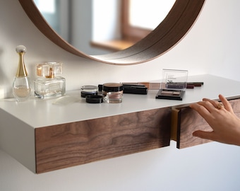 Minimalist white floating dressing table / vanity shelf with walnut drawers