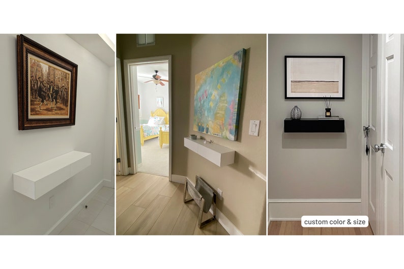 May include: Three different examples of floating shelves in a hallway. The first shelf is white and is mounted below a framed picture. The second shelf is white and is mounted below a colorful abstract painting. The third shelf is black and is mounted below a framed print of a landscape. The text "custom color & size" is visible in the bottom right corner of the image.