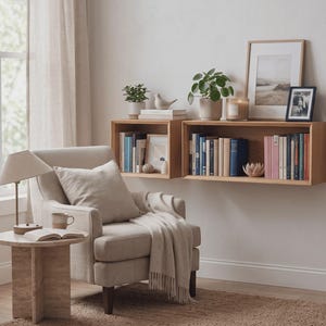 May include: Two rectangular light wood wall-mounted shelves holding various books, potted plants, a framed picture, and a candle. The shelves are positioned above a beige upholstered armchair with a throw blanket, next to a round stone side table.