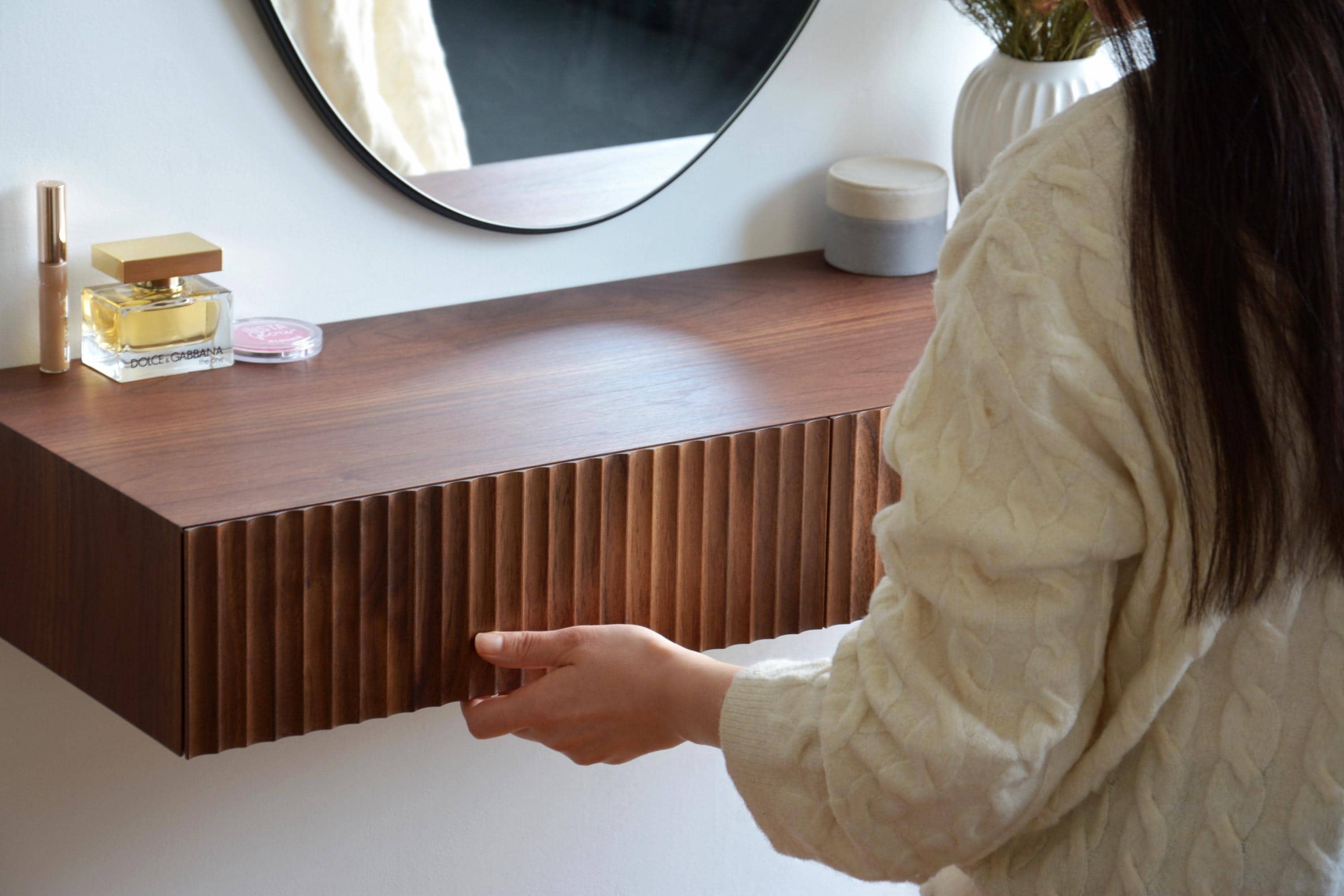 Fluted dressing table / floating vanity - made of solid walnut