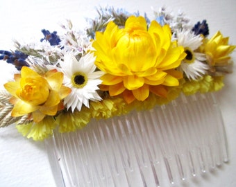 Dried Flower, Yellow and Blue, Sunshine, Comb, Slide, Clip, Hair Accessory