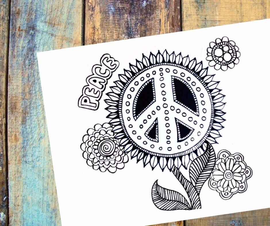 Peace floral flowers hippie peace sign coloring page | Etsy
