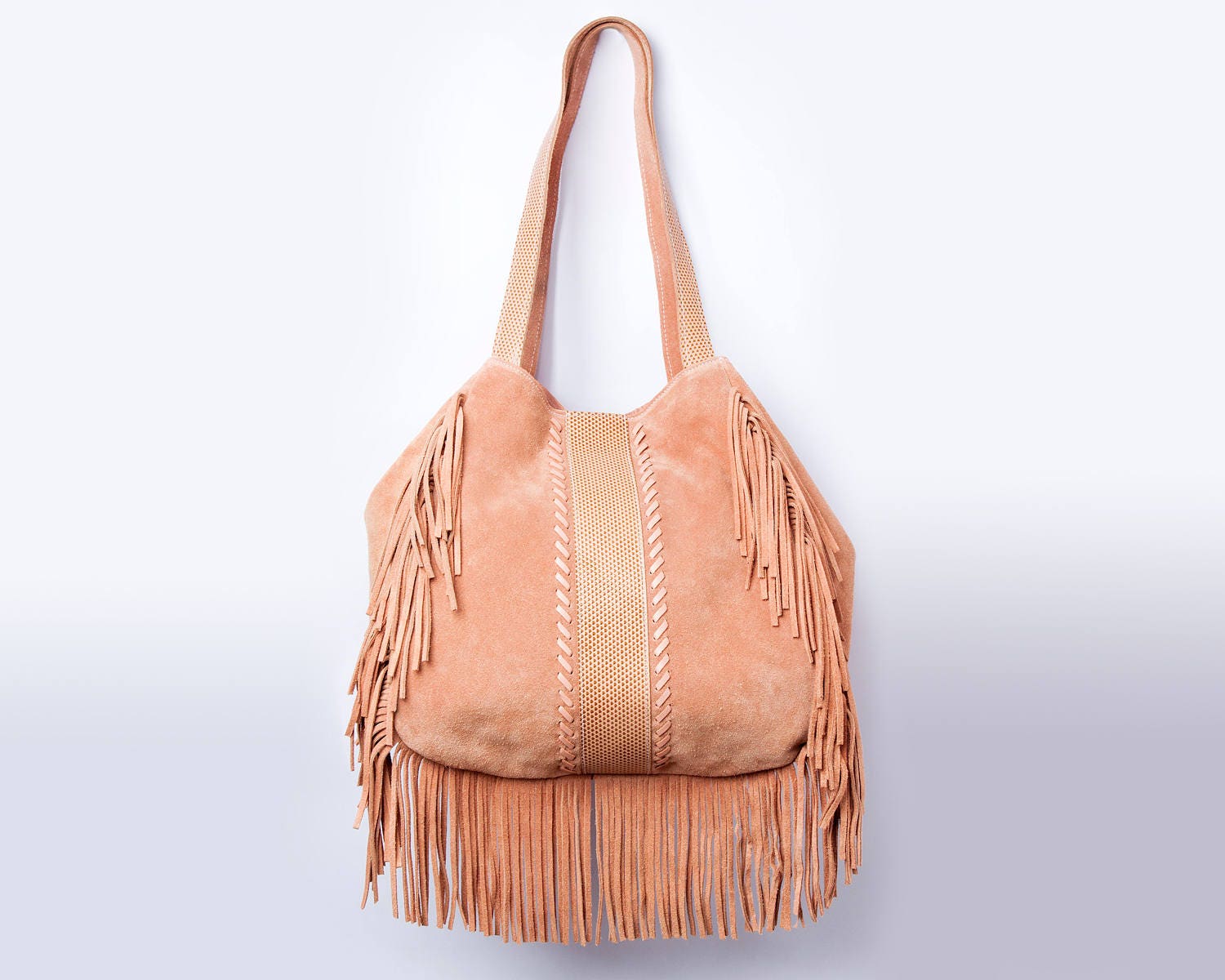 Pink suede fringe bag Leather hobo bag 