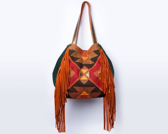 Borsa Kilim Con Frange Borsa Hobo In Pelle E Suede Boho Bag Etsy