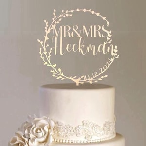 Custom Birch Wood Wedding Cake Topper: Mr & Mrs, Floral Wreath