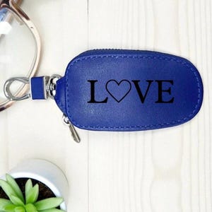 Estuche para llavero de piel sintética personalizado, llavero con cremallera grabado Azul