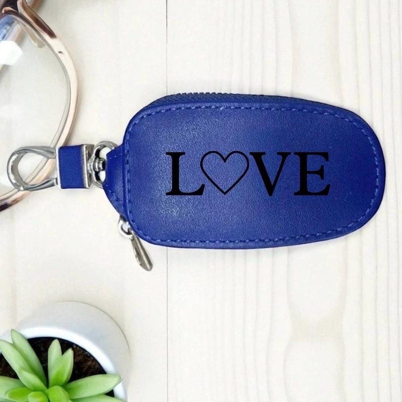 Estuche para llavero de piel sintética personalizado, llavero con cremallera grabado Azul