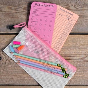 Book Lover Gift Set, 5 Custom Stamped Pencils, 5 Erasers, 2 Bookmarks and Carry Case.