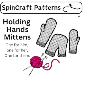 Può includere: Uno schema di lavoro a maglia per un paio di guanti, chiamato "Holding Hands Mittens". Lo schema include istruzioni per lavorare a maglia due guanti che possono essere indossati insieme, con il testo "One for him, one for her, One for them". L'immagine mostra anche un gomitolo di lana rosa e ferri da maglia.