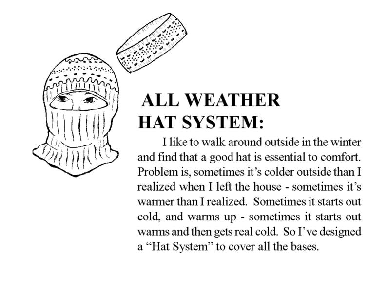 May include: A black and white line drawing of a person wearing a knitted hat and balaclava. The text reads "ALL WEATHER HAT SYSTEM: I like to walk around outside in the winter and find that a good hat is essential to comfort. Problem is, sometimes it's colder outside than I realized when I left the house - sometimes it's warmer than I realized. Sometimes it starts out cold, and warms up - sometimes it starts out warms and then gets real cold. So I've designed a "Hat System" to cover all the bases."