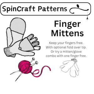 Könnte beinhalten: Eine Schwarzweißillustration von Fingerlosen Fäustlingen mit einem Umschlag an der Spitze. Das Bild zeigt auch eine Knäuel rosa Garn und Stricknadeln. Der Text "SpinCraft Patterns" und "Finger Mittens" ist im Bild enthalten. Halten Sie Ihre Finger frei. Mit optionalem Umschlag an der Spitze. Oder versuchen Sie es mit einem Mützen-/Handschuh-Kombination mit einem freien Finger.