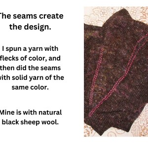 May include: A dark brown knitted garment with pink seams. The text on the left reads, "The seams create the design. I spun a yarn with flecks of color, and then did the seams with solid yarn of the same color. Mine is with natural black sheep wool."