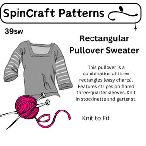 以下が含まれることがあります： ストライプの袖が付いた長方形のプルオーバーセーターの編み図です。このパターンは「39sw」と呼ばれ、SpinCraft Patternsから提供されています。このパターンには、メリヤス編みとガーター編みでセーターを編むための指示が含まれています。