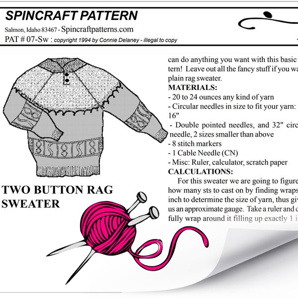 Two Button Rag Sweater Knitting Pattern for Handspun Yarn