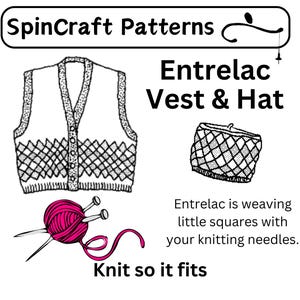 Puede incluir: Un dibujo en blanco y negro de un patrón de tejido para un chaleco y un gorro. El patrón se llama "Entrelac Vest & Hat". El texto "Entrelac is weaving little squares with your knitting needles. Knit so it fits" también está incluido en la imagen.