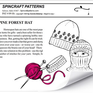 May include: A black and white line drawing of a hat with a pine tree pattern. The hat is a beanie style with a fold-down brim. The drawing is on a white background. The text "PINE FOREST HAT" is above the drawing. The text "Homespun hats are one of the most popular items for gifts - and a best seller for those you who have turned a spinning hobby into business. But, getting the right fit can be tricky. Have you ever made a hat that grows and slumps down over your eyes - or worse yet - one that squeezes the brains out of your head! There's only one solution to this problem - use the right number of stitches for your yarn. Simple, but true." is below the drawing.